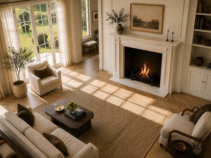 Vereda pale limestone fireplace mantel by 1-OPH, seen from above