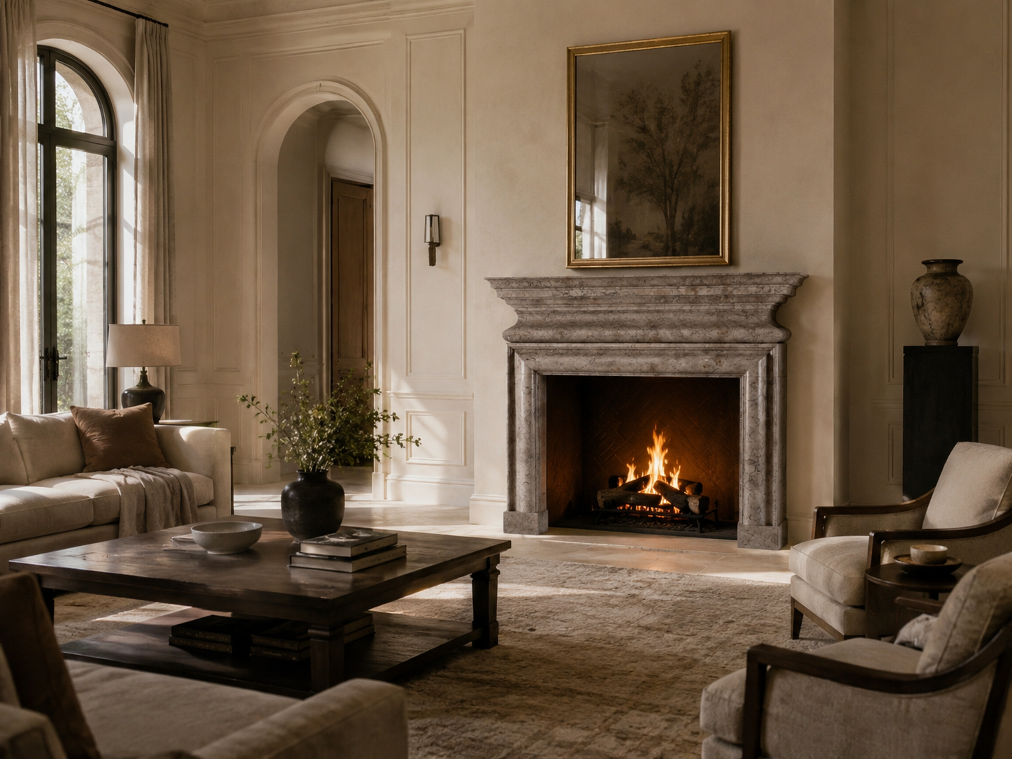 Ladera warm grey stone fireplace mantel by 1-OPH, in a Dubai interior