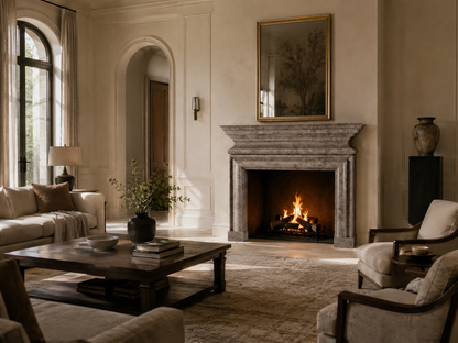 Ladera warm grey stone fireplace mantel by 1-OPH, in a Dubai interior