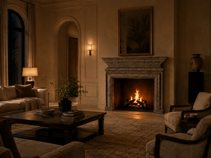 Ladera warm grey stone fireplace mantel by 1-OPH, lit at night