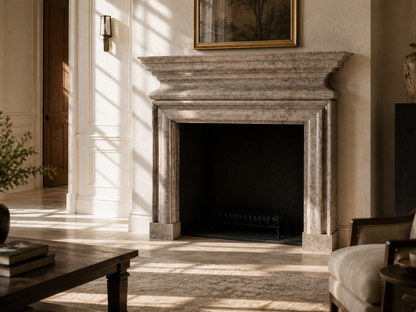Ladera warm grey stone fireplace mantel by 1-OPH, carved detail