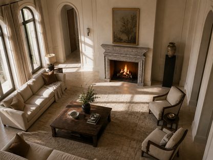Ladera warm grey stone fireplace mantel by 1-OPH, seen from above