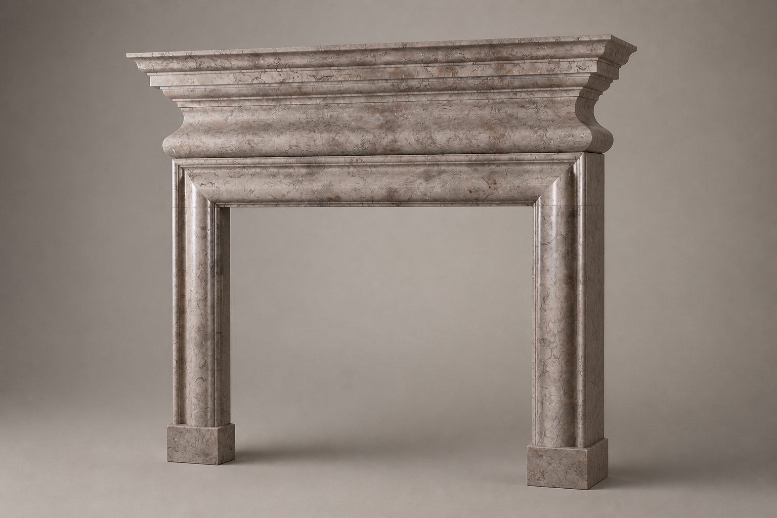 Ladera warm grey stone fireplace mantel by 1-OPH, studio view
