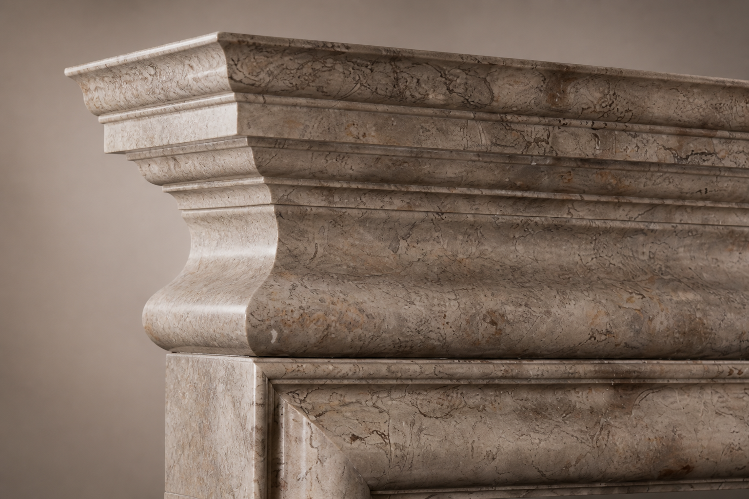 Ladera warm grey stone fireplace mantel by 1-OPH, surface detail