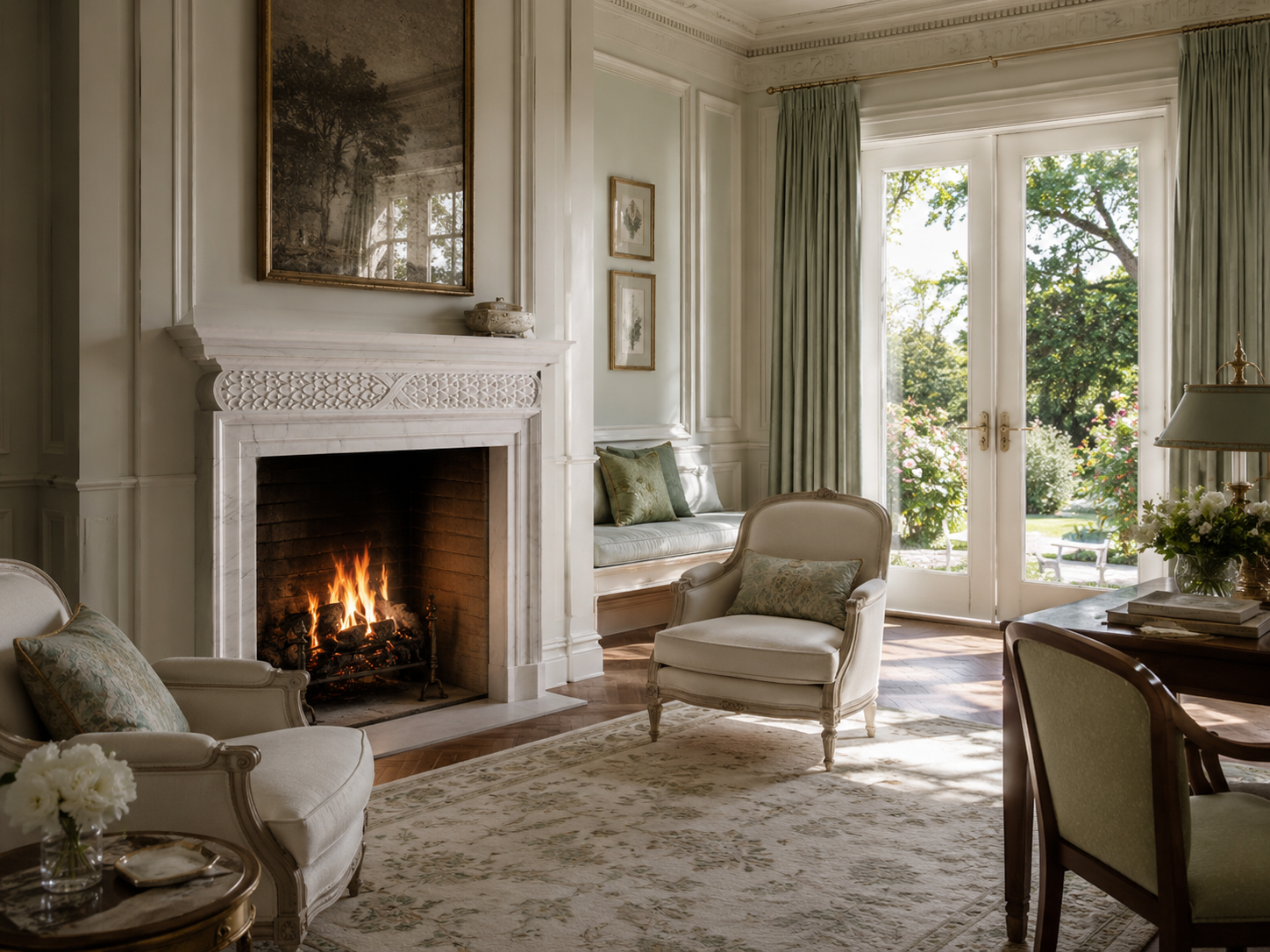 Retama white marble fireplace mantel by 1-OPH, in a Dubai interior