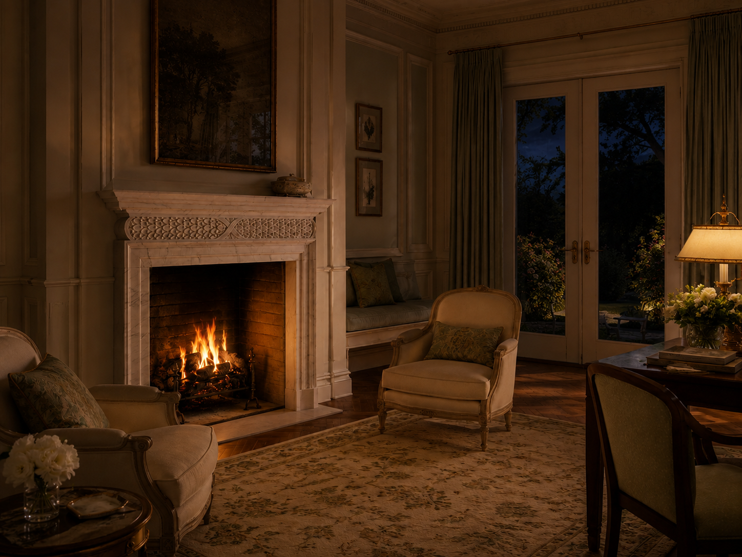 Retama white marble fireplace mantel by 1-OPH, lit at night