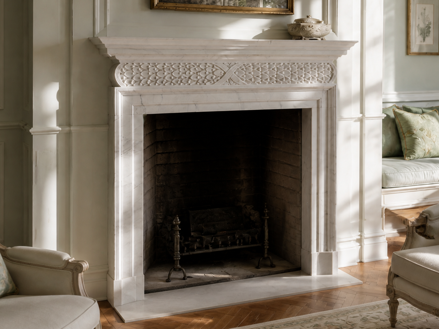 Retama white marble fireplace mantel by 1-OPH, carved detail