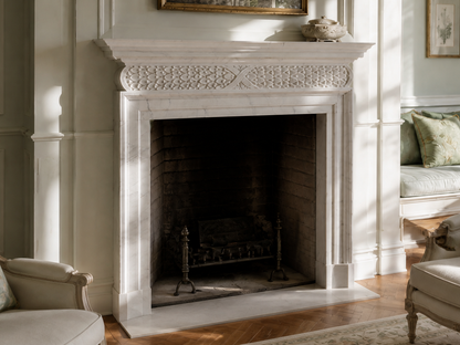 Retama white marble fireplace mantel by 1-OPH, carved detail