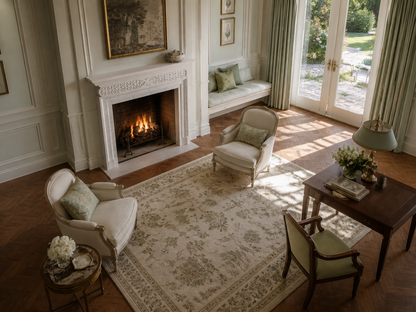 Retama white marble fireplace mantel by 1-OPH, seen from above
