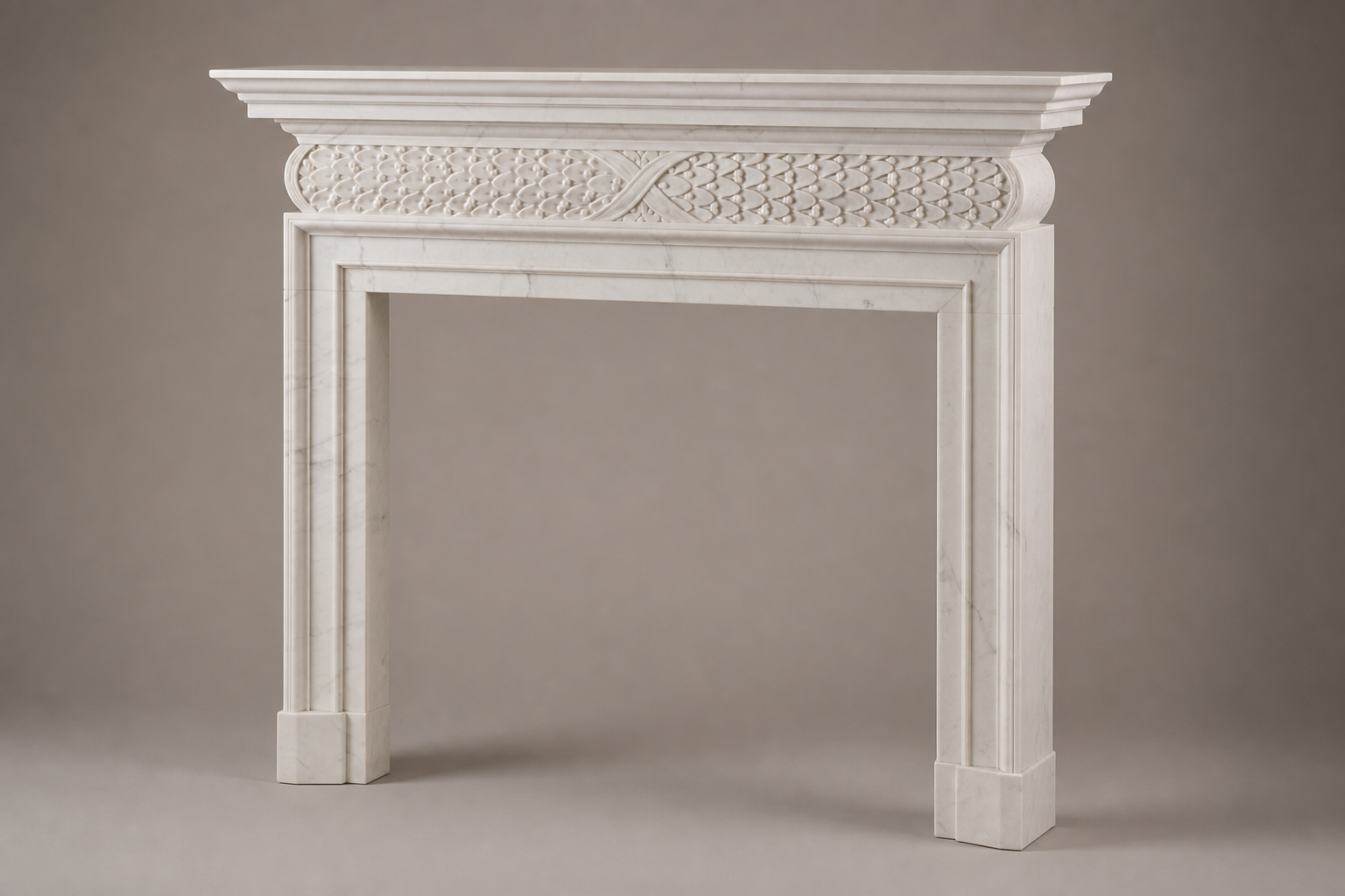 Retama white marble fireplace mantel by 1-OPH, studio view