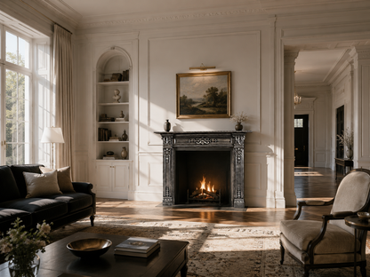 Homura black marble fireplace mantel by 1-OPH, in a Dubai interior