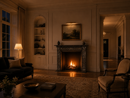 Homura black marble fireplace mantel by 1-OPH, lit at night