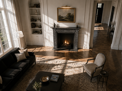 Homura black marble fireplace mantel by 1-OPH, seen from above