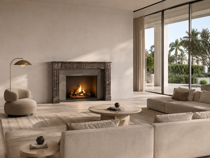 Urbino dark plum marble fireplace mantel by 1-OPH, in a Dubai interior