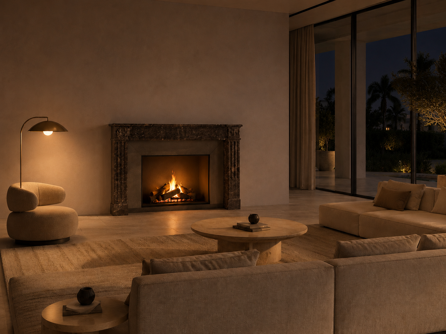Urbino dark plum marble fireplace mantel by 1-OPH, lit at night