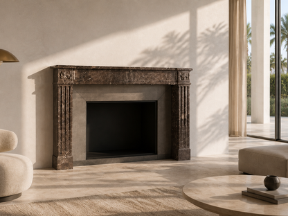 Urbino dark plum marble fireplace mantel by 1-OPH, carved detail