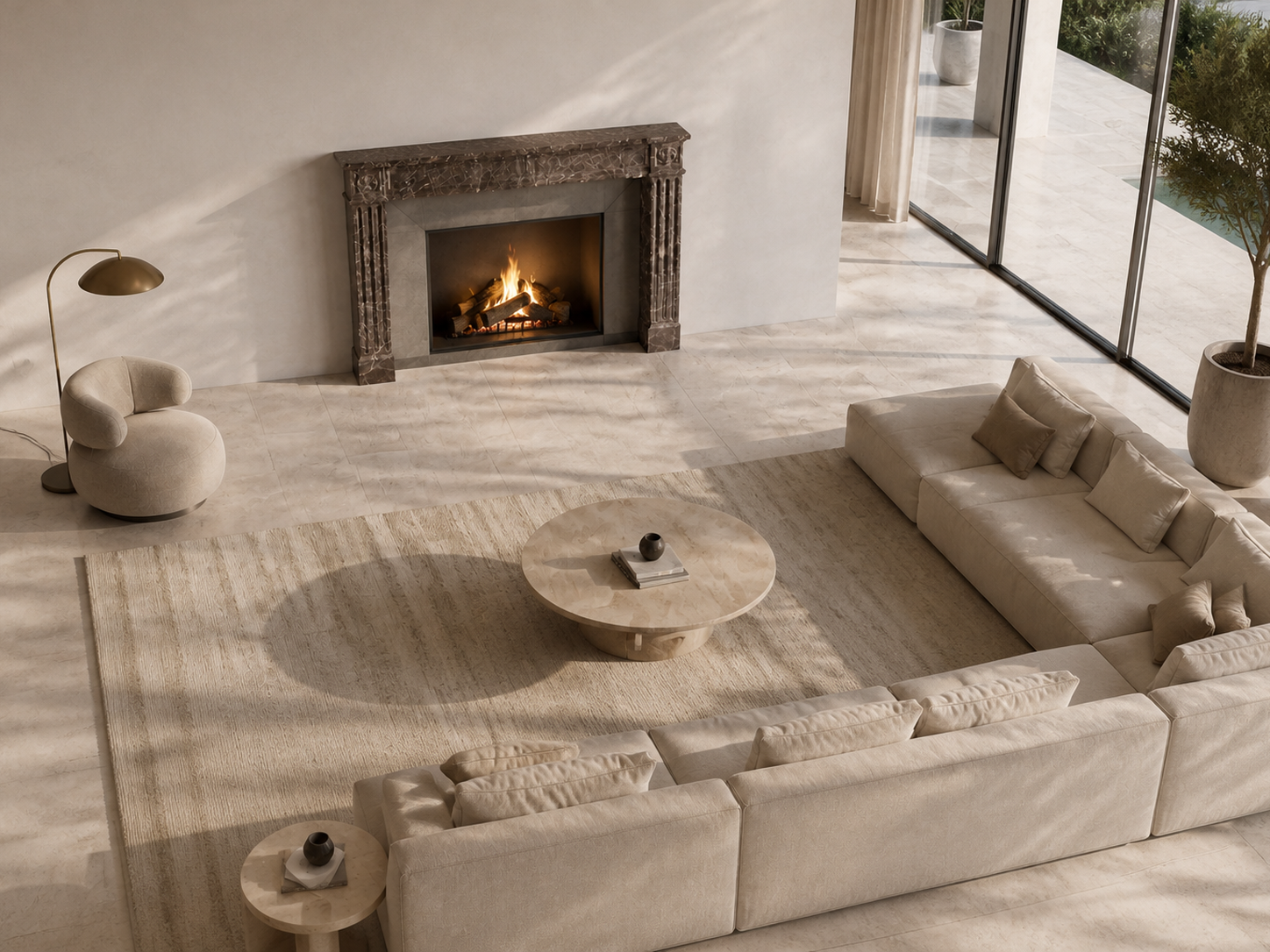 Urbino dark plum marble fireplace mantel by 1-OPH, seen from above
