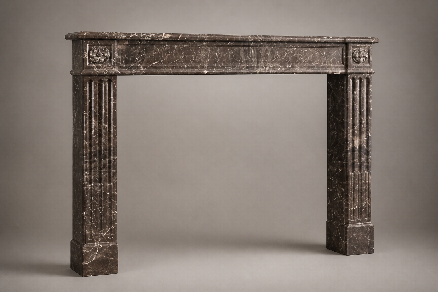 Urbino dark plum marble fireplace mantel by 1-OPH, studio view