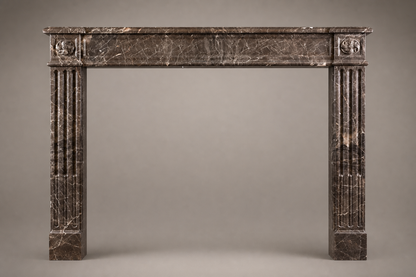 Urbino dark plum marble fireplace mantel by 1-OPH, side elevation