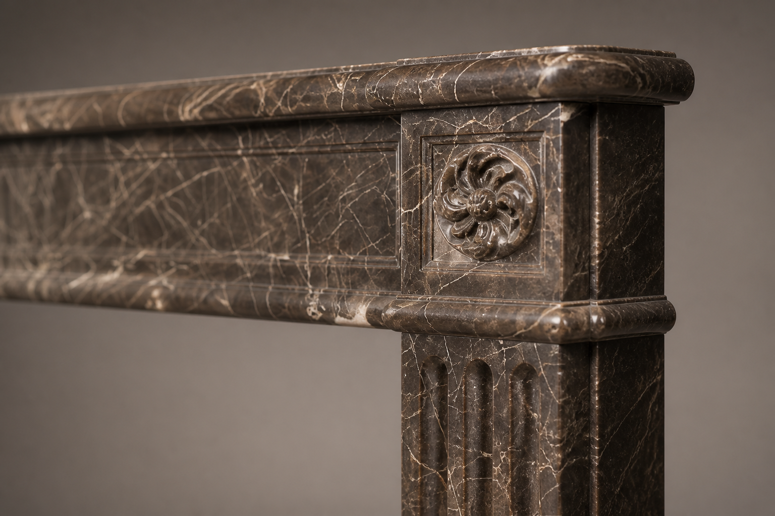 Urbino dark plum marble fireplace mantel by 1-OPH, surface detail