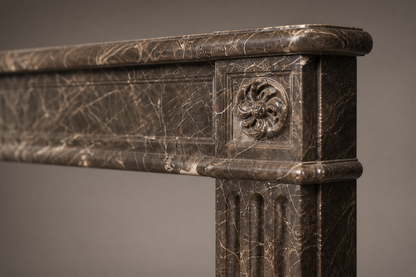 Urbino dark plum marble fireplace mantel by 1-OPH, surface detail