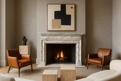 Sostara calacatta marble fireplace mantel by 1-OPH, in a Dubai interior