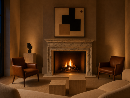 Sostara calacatta marble fireplace mantel by 1-OPH, lit at night