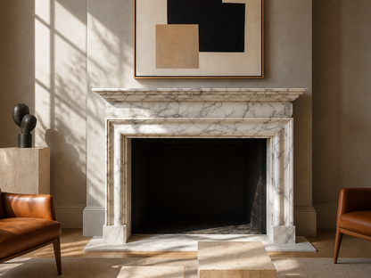 Sostara calacatta marble fireplace mantel by 1-OPH, carved detail