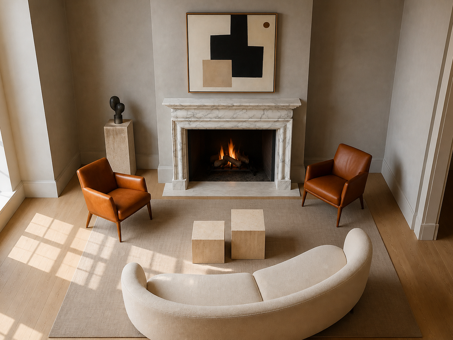 Sostara calacatta marble fireplace mantel by 1-OPH, seen from above