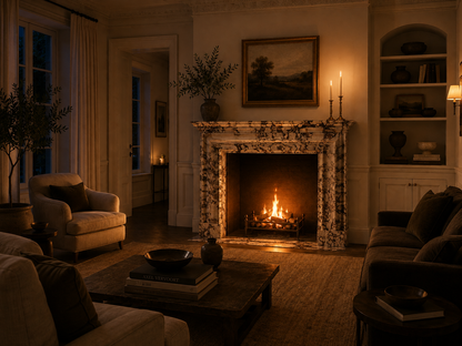 Sumire breccia viola marble fireplace mantel by 1-OPH, lit at night
