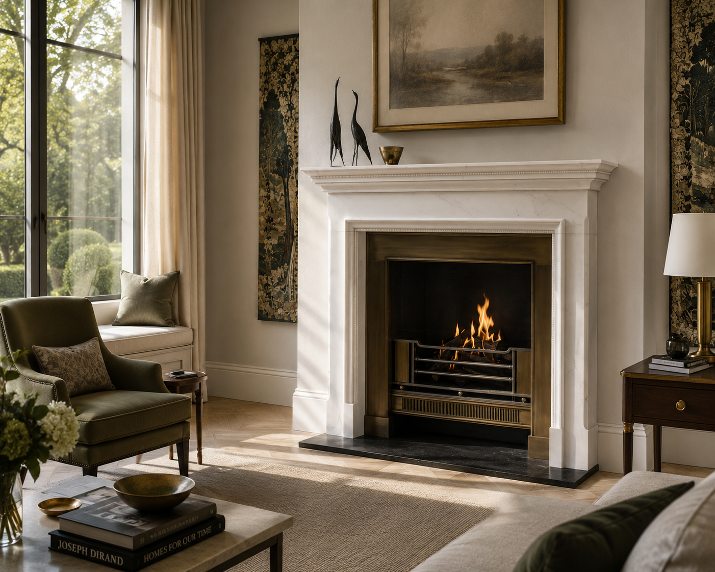 Dimora white marble fireplace mantel by 1-OPH, in a Dubai interior