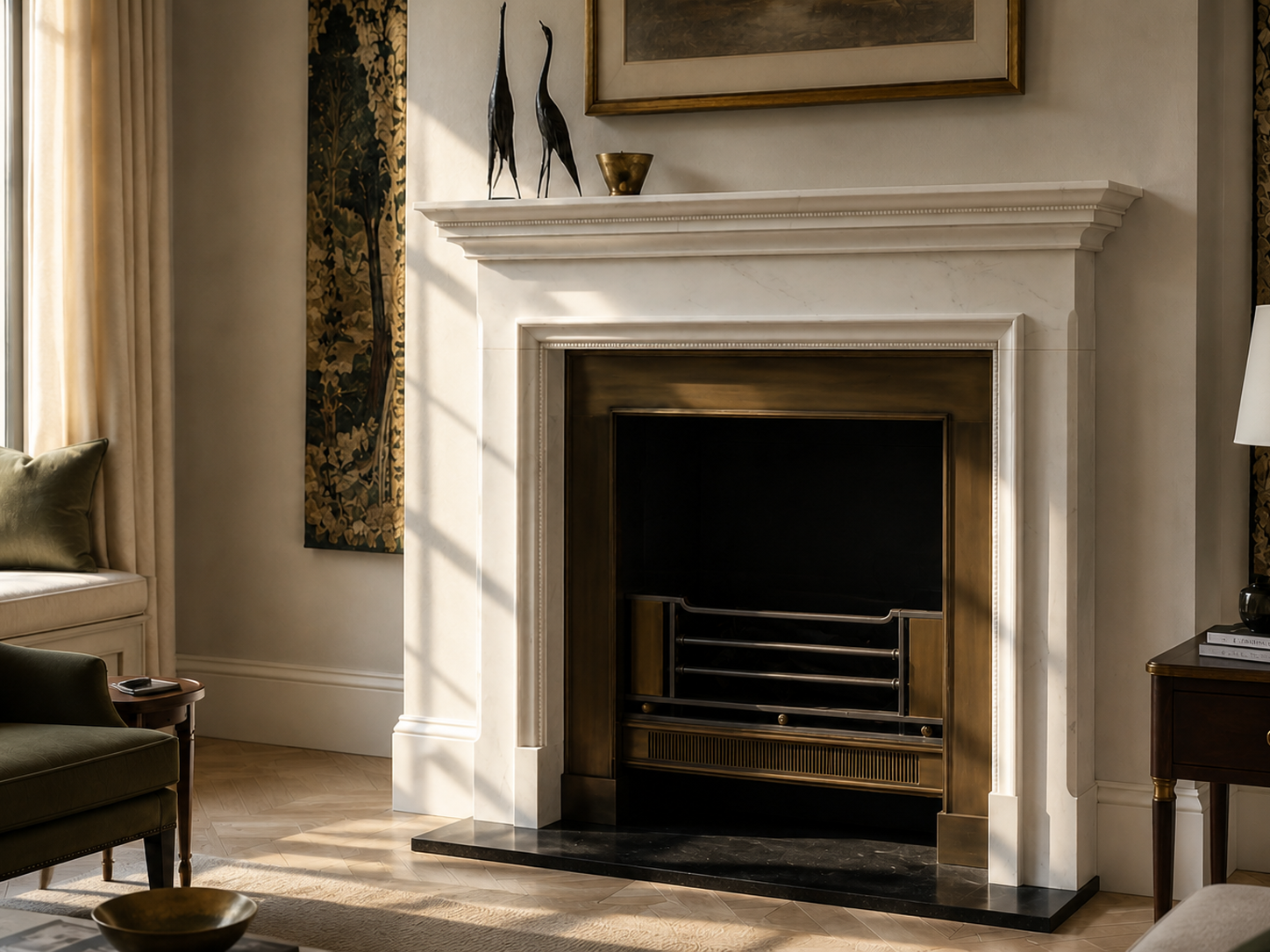 Dimora white marble fireplace mantel by 1-OPH, carved detail