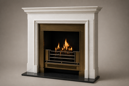 Dimora white marble fireplace mantel by 1-OPH, studio view