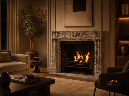 Manzil breccia viola marble fireplace mantel by 1-OPH, lit at night