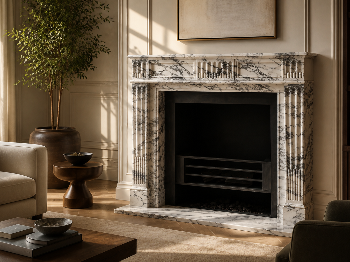 Manzil breccia viola marble fireplace mantel by 1-OPH, carved detail