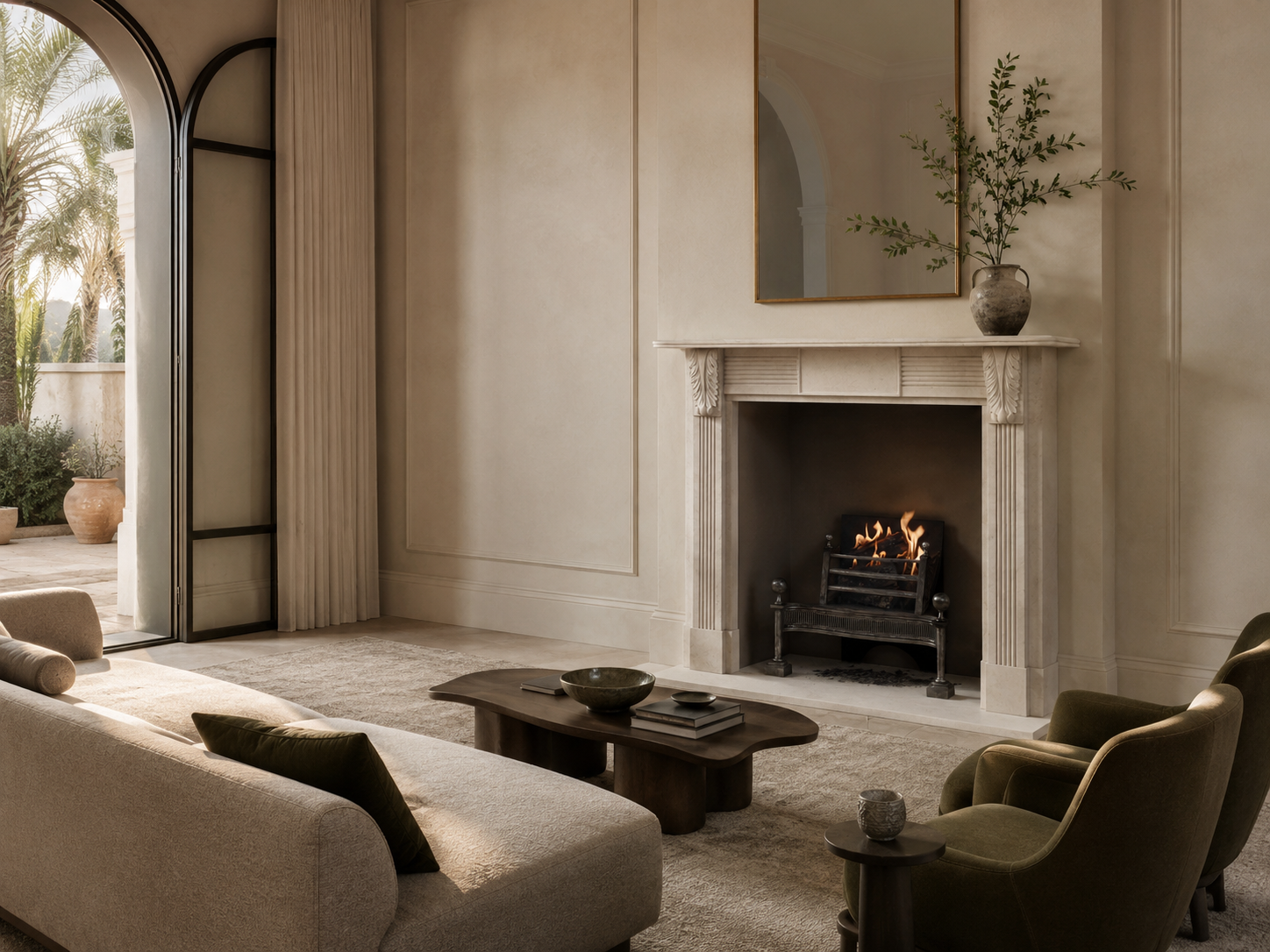 Abrigo cream limestone fireplace mantel by 1-OPH, in a Dubai interior