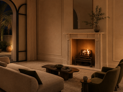 Abrigo cream limestone fireplace mantel by 1-OPH, lit at night