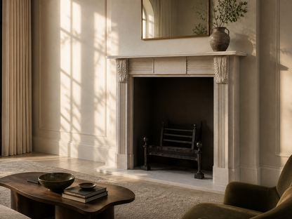 Abrigo cream limestone fireplace mantel by 1-OPH, carved detail
