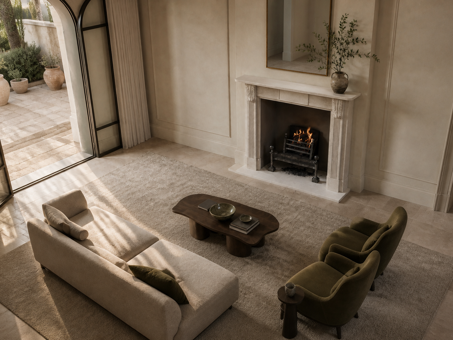 Abrigo cream limestone fireplace mantel by 1-OPH, seen from above