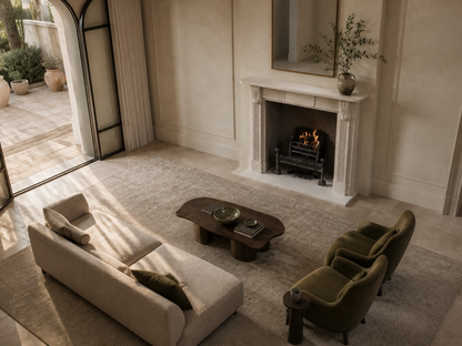 Abrigo cream limestone fireplace mantel by 1-OPH, seen from above