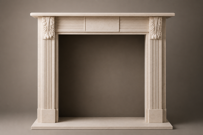 Abrigo cream limestone fireplace mantel by 1-OPH, side elevation