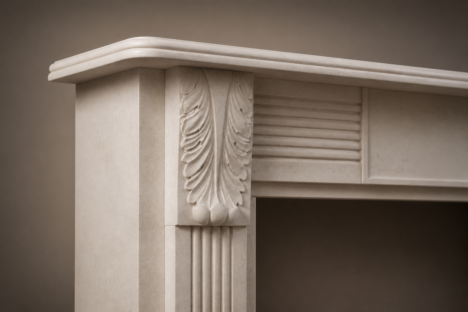 Abrigo cream limestone fireplace mantel by 1-OPH, surface detail
