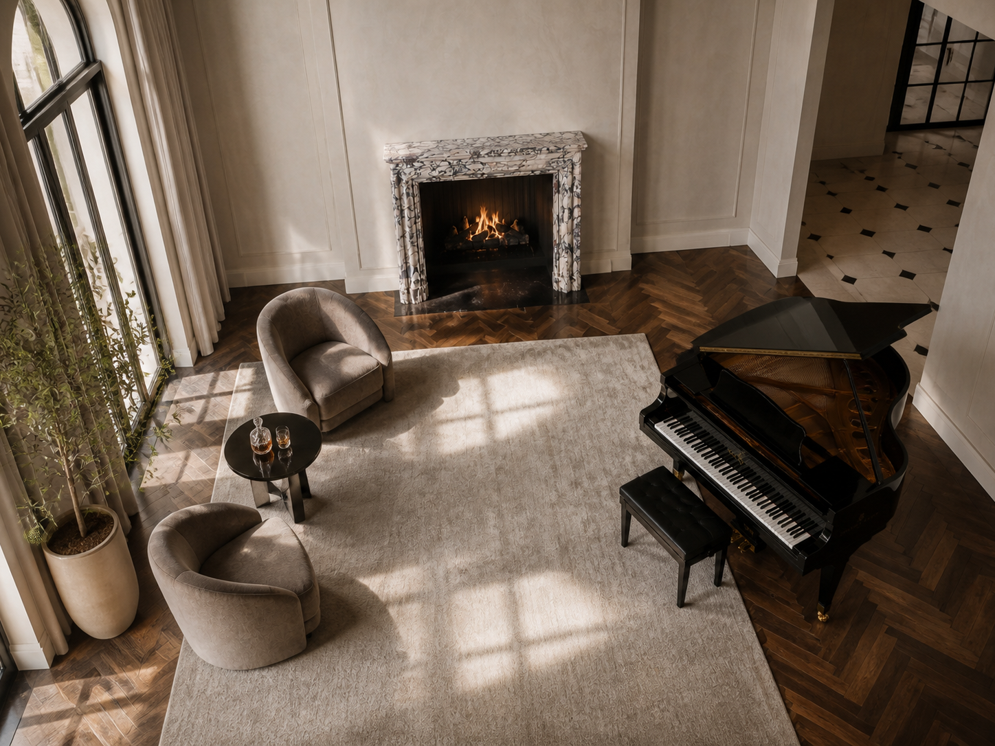 Malva breccia viola marble fireplace mantel by 1-OPH, seen from above