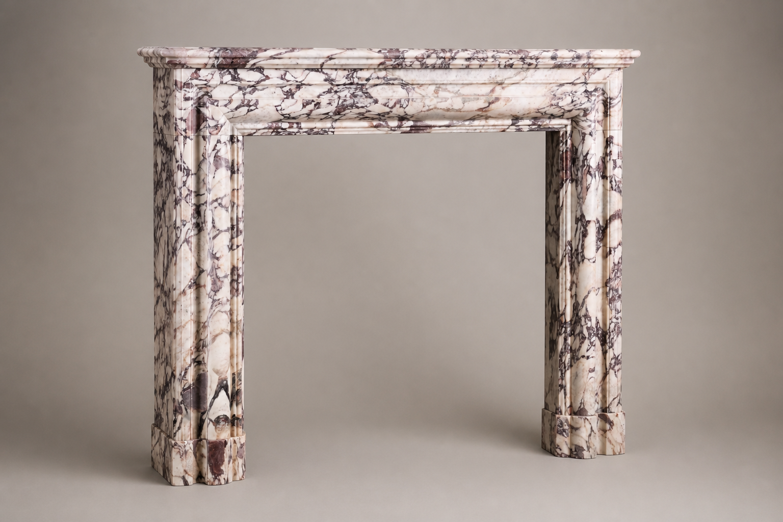 Malva breccia viola marble fireplace mantel by 1-OPH, studio view