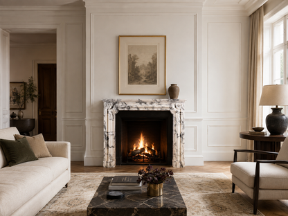 Siena calacatta marble fireplace mantel by 1-OPH, in a Dubai interior