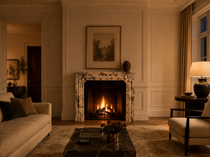 Siena calacatta marble fireplace mantel by 1-OPH, lit at night