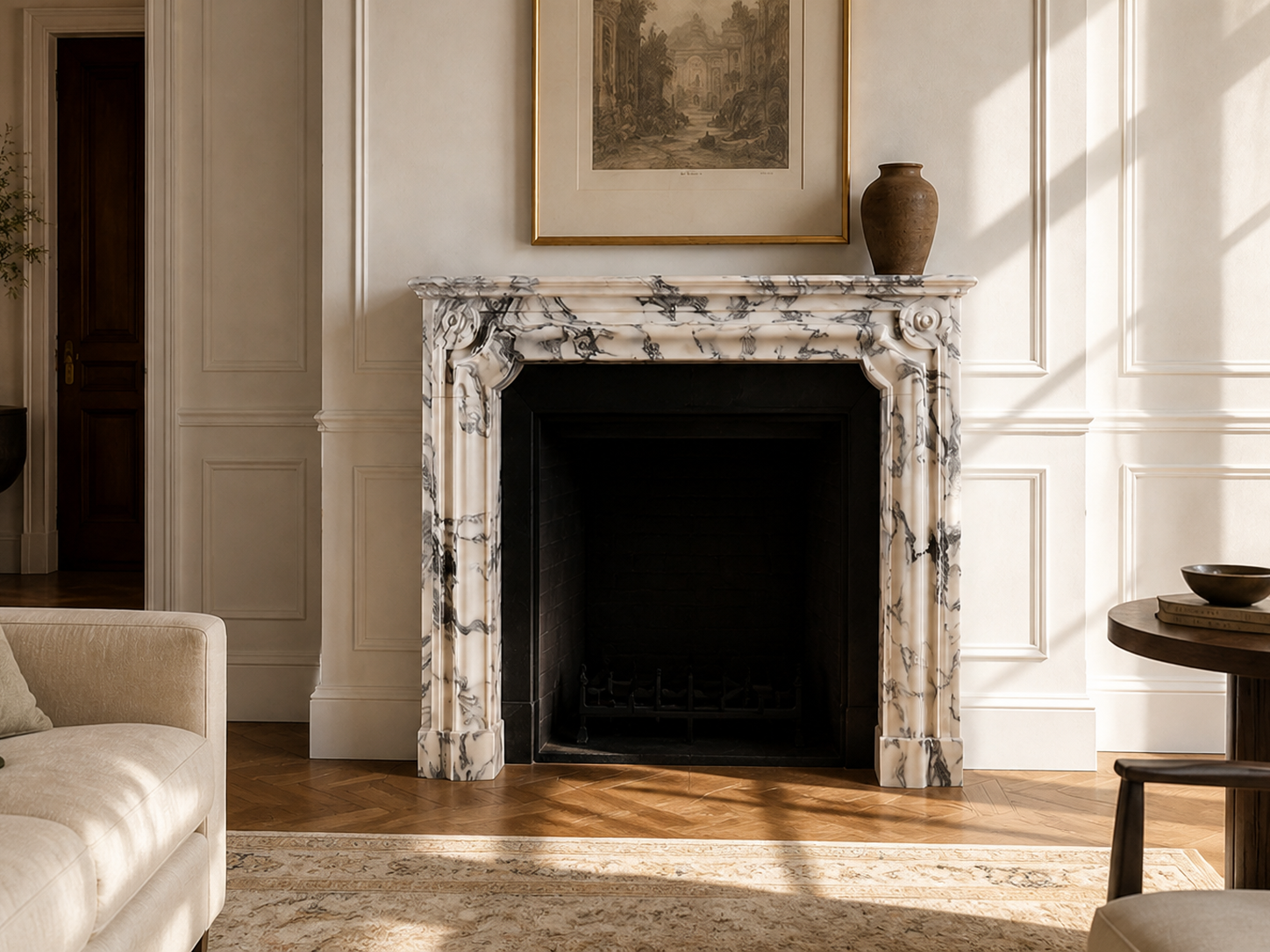 Siena calacatta marble fireplace mantel by 1-OPH, carved detail