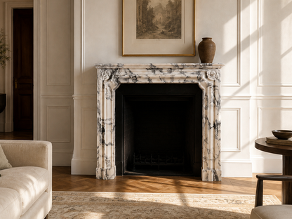 Siena calacatta marble fireplace mantel by 1-OPH, carved detail