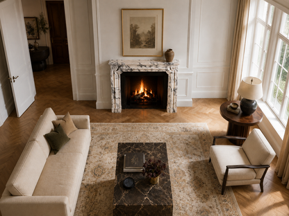 Siena calacatta marble fireplace mantel by 1-OPH, seen from above