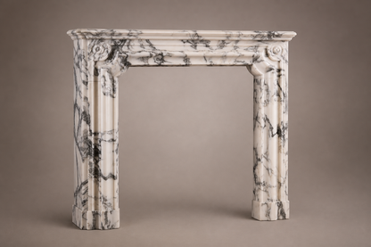 Siena calacatta marble fireplace mantel by 1-OPH, studio view